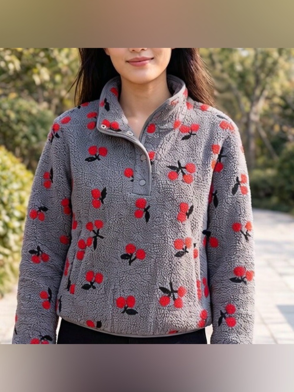 Entro Gray Sherpa Pullover Jacket with Red Cherries, Like New and Super Soft